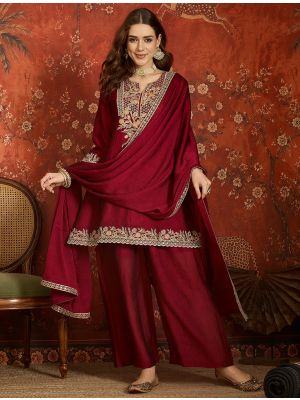 Rich Maroon Embroidered Silk Blend Ready To Wear Salwar Kameez FABSL22589