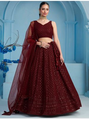 Rich Maroon Georgette Semi Stitched Embroidered Lehenga small FABLE20454