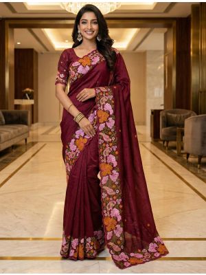Rich Maroon Manipuri Silk Embroidered Saree