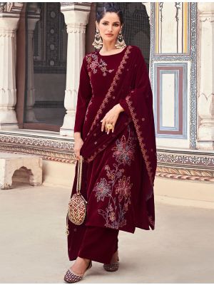 Rich Maroon Velvet Embroidered Designer Salwar Kameez small FABSL21657