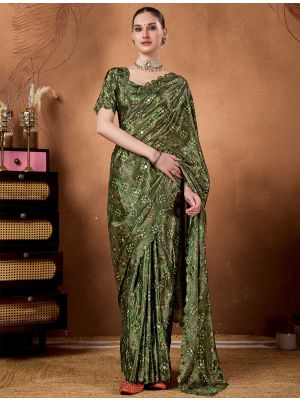 Rich Olive Green Satin Silk Ready To Wear Saree With Bandhani Print