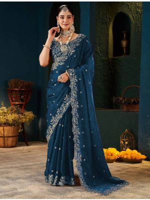 Rich Teal Blue Fendy Satin Embroidered Saree With Stitched Blouse