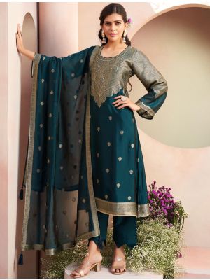 Rich Teal Silk Jacquard Elegant Salwar Kameez small FABSL22168
