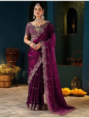 Rich Wine Fendy Satin Embroidered Saree With Stitched Blouse