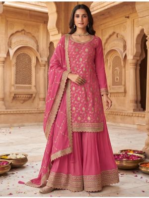 Rose Pink Chinon Free Size Ready To Wear Palazzo Suit small FABSL22549