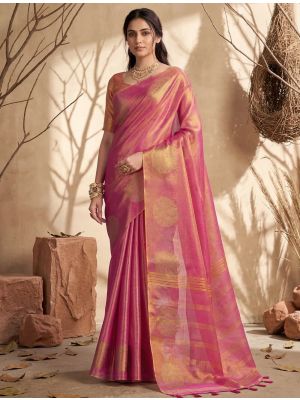 Rose Pink Tissue Silk Saree With Gold Zari Woven Motifs