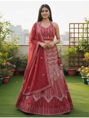 Rose Red Georgette Embroidered Lehenga Choli small FABLE20600