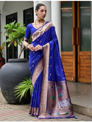 Royal Blue Banarasi Silk Saree With Paithani Weaving