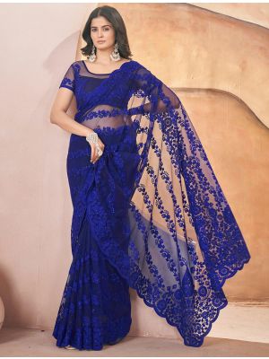 Royal Blue Butterfly Net Embroidered Saree