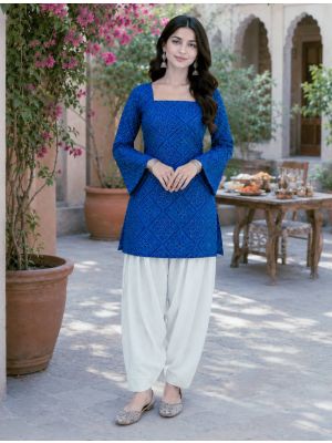 royal blue cotton printed top with off white bottoms fabku21260