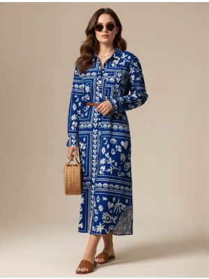 royal blue muslin printed maxi dress fabku21268
