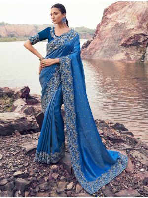 Royal Blue Satin Silk Jacquard Embroidered Designer Saree