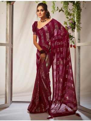 Royal Maroon Georgette Party Wear Saree With Sequins