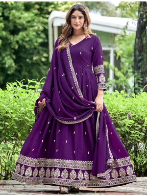 royal purple art silk embroidered anarkali gown with dupatta fabgo20459