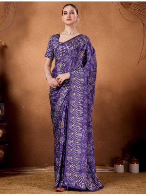 Royal purple Satin Silk Ready To Wear Saree With Bandhani Print