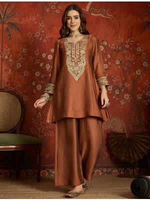 Rust Brown Embroidered Silk Blend Ready To Wear Salwar Kameez FABSL22592