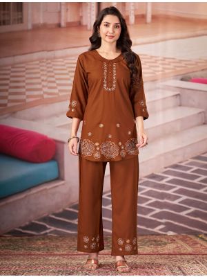 rust brown rayon embroidered co ord set with handwork fabku21327