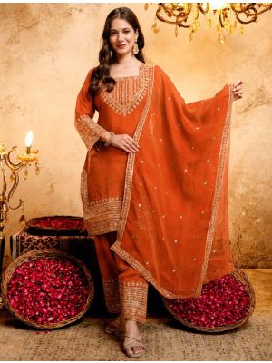Rust Orange Crunchy Silk Embroidered Ready To Wear Salwar Kameez swatch FABSL22577