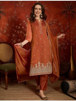 Rust Orange Silk Blend Embroidered Ready To Wear Salwar Kameez FABSL22608