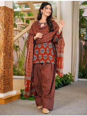 Rust Red Cambric Cotton Ready To Wear Salwar Kameez FABSL22482