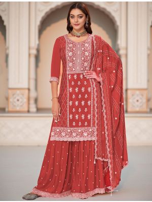 Rust Red Chinon Embroidered Ready To Wear Palazzo Suit FABSL22254