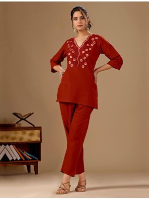 rust red cotton flex embroidered co ord set fabku21315