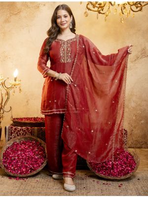 Rust Red Crunchy Silk Embroidered Ready To Wear Salwar Kameez swatch FABSL22569