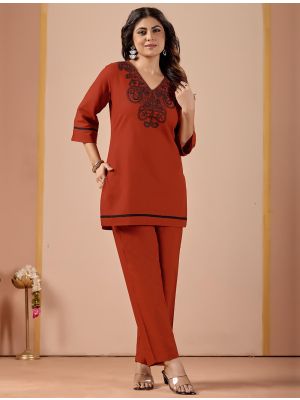 rusty red cotton flex embroidered co ord set fabku21317