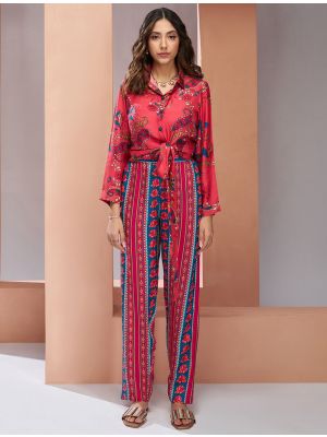 rusty red muslin silk stylish co ord set fabku21093