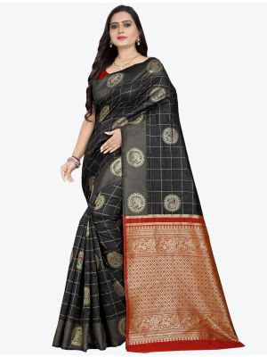 Black Banarasi cotton silk Designer Saree small FABSA20789