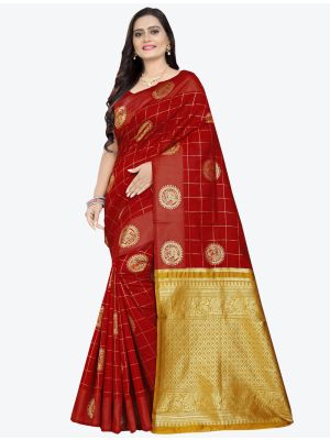 Red Banarasi cotton silk Designer Saree small FABSA20788