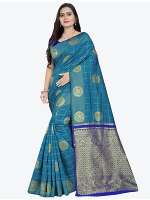 Sky Blue Banarasi cotton silk Designer Saree small FABSA20790