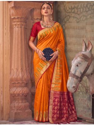 Saffron Orange Soft Art Silk Traditional Saree With Zari Work