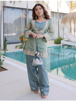 sage green art silk kurta pant set with potli bag fabku21184