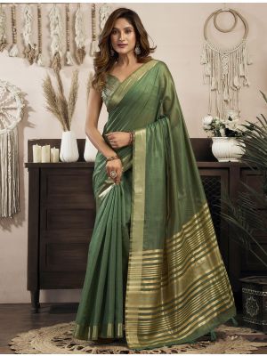 Sage Green Khadi Cotton Saree With Zari