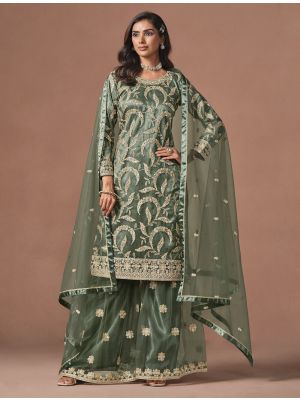 Sage Green Net Zari Embroidered Semi Stitched Palazzo Suit small FABSL22558