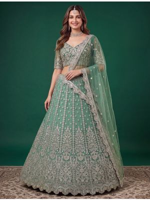 Sage Green Net Zari Embroidered Wedding Lehenga small FABLE20604