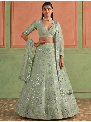 Sage Green Organza Embroidered Lehenga Choli With Foil Mirror Work small FABLE20634