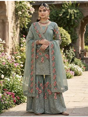 Sage Green Silk Blend Embroidered Ready To Wear Sharara Suit FABSL22490