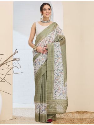 Sage Green Silk Blend Printed Ready To Wear Saree
