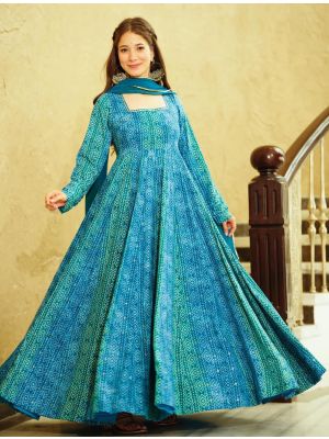 sea blue georgette printed readymade gown with dupatta fabgo20258