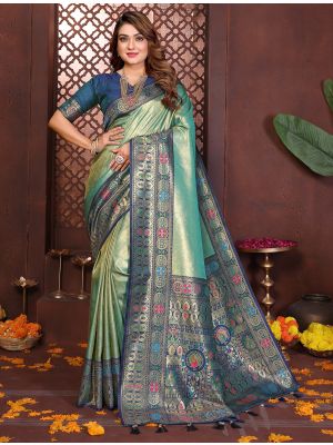Sea Green Banarasi Silk Saree With Paithani Weaving
