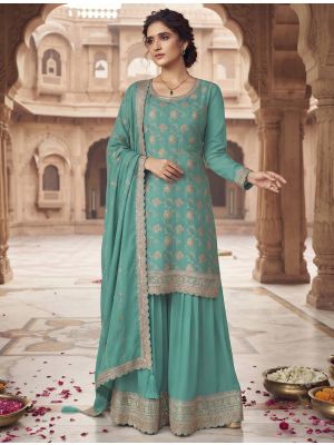 Sea Green Chinon Free Size Ready To Wear Palazzo Suit small FABSL22550