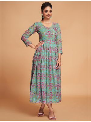 sea green georgette printed elegant midi dress fabku20883