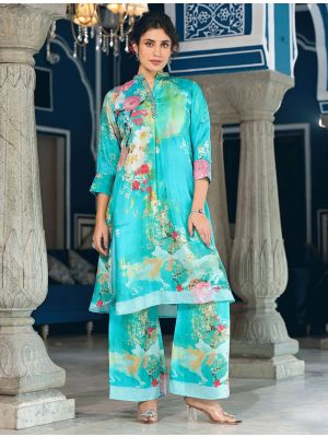 sea green muslin digital printed stylish co ord set fabku20971
