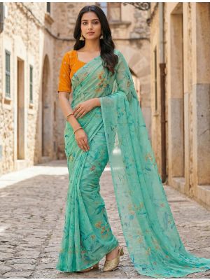 Sea Green Organza Digital Print Saree With Embroidered Blouse Piece