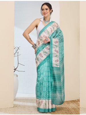 Sea Green Silk Blend Printed Ready To Wear Saree