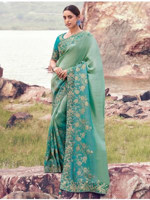 Sea Green Tissue Silk Embroidered Designer Saree