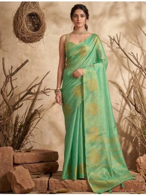 Sea Green Tissue Silk Saree With Gold Zari Woven Motifs