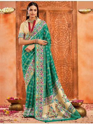 Sea Green Velvet Tussar Silk Saree With Paithani Pallu